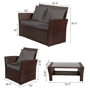 Rattan Sofa Set - Four-Piece -  Brown with Grey Cushion
