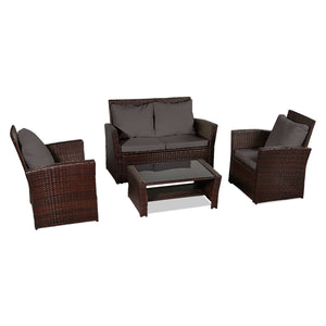 Rattan Sofa Set - Four-Piece -  Brown with Grey Cushion