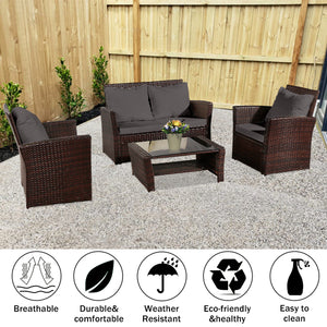 Rattan Sofa Set - Four-Piece -  Brown with Grey Cushion