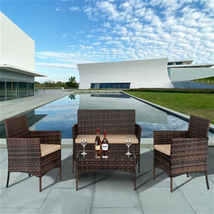Rattan Sofa Set with Coffee Table - Brown