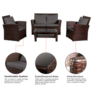 Rattan Sofa Set - Four-Piece -  Brown with Grey Cushion
