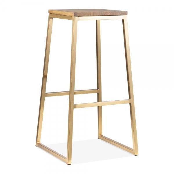 Sold elm wood seat metal bar stool - Brass