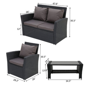 Rattan Sofa Set - Dark Grey with Black Cushion