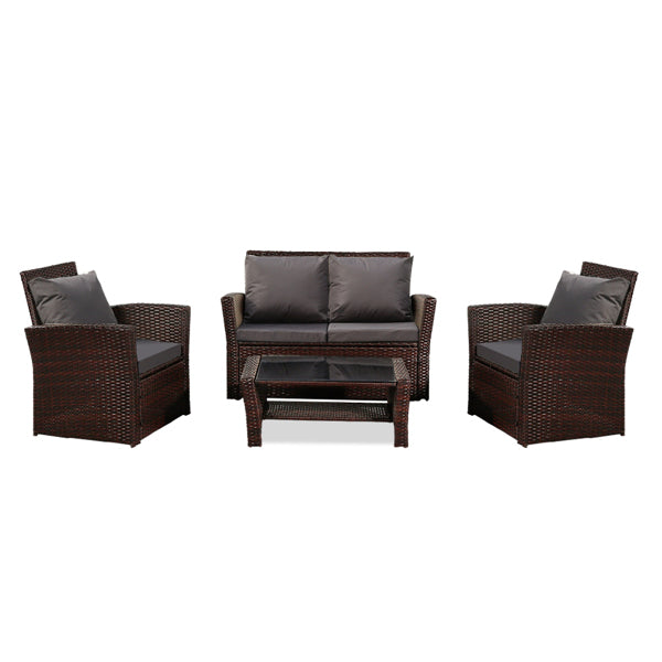 Rattan Sofa Set - Four-Piece -  Brown with Grey Cushion